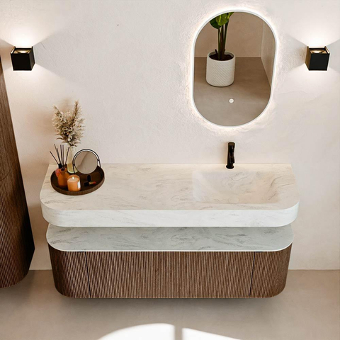 MONDIAZ THOR-DLUX 150cm badmeubel ronding links + rechts kleur Walnut met 1 lade en 2 deuren. Vrijhangende wastafel CLOUD Rechts 1 kraangat kleur Opalo. SW1464645