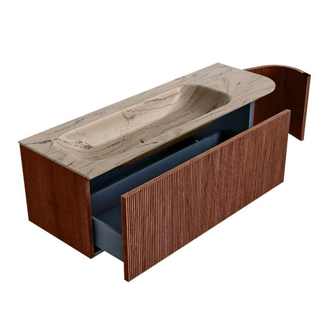 MONDIAZ KURVE-DLUX 135cm badmeubel ronding Rechts kleur Ruby met 1 lade en 1 deur. Wastafel BIG MEDIUM Links zonder kraangat Arena. SW1431507