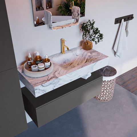 Mondiaz ALAN-DLUX Ensemble de meuble - 100cm - meuble Dark grey mat - 1 tiroir - Lavabo Cloud Glace suspendu - vasque Droite - 1 trou de robinet SW805000