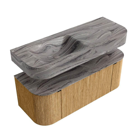 MONDIAZ THOR-DLUX Meuble de salle de bains 120cm arrondi gauche + droite couleur Oak avec 1 tiroir et 2 portes. Vasque suspendue CLOUD Gauche sans trou de robinet couleur Sombra. SW1463659
