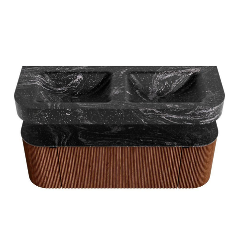 MONDIAZ THOR-DLUX 130cm meuble de salle de bains arrondi gauche + droite couleur Ruby avec 1 tiroir et 2 portes. Vasque suspendue CLOUD Double 2 trous de robinet couleur Lava. SW1463702