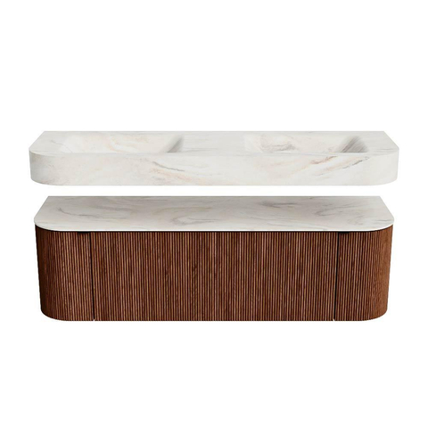 MONDIAZ THOR-DLUX 150cm meuble de salle de bains arrondi gauche + droite couleur Ruby avec 1 tiroir et 2 portes. Vasque suspendue CLOUD Double 2 trous de robinet couleur Ostra. SW1464588