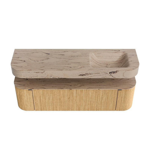 MONDIAZ THOR-DLUX Meuble de salle de bains - 160cm - arrondi gauche + droite - couleur Oak - 1 tiroir - 2 portes - Vasque suspendue CLOUD droite sans trou de robinet - couleur Arena SW1465140