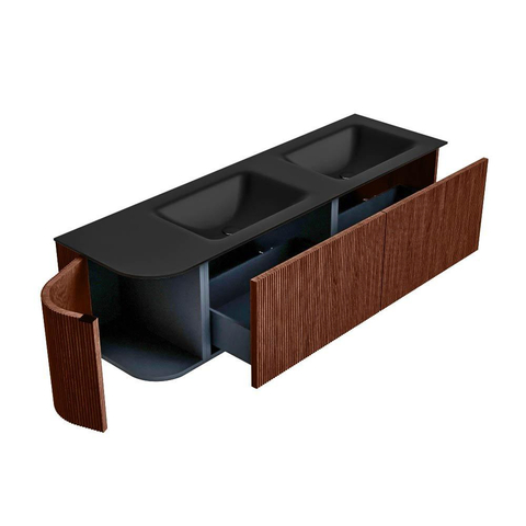 Mondiaz KURVE Badkamermeubelset - 155x46x40cm - 2 lade - 1 deur - wastafel solid surface - dubbel / rechts - zonder kraangat - Ruby SW1415362