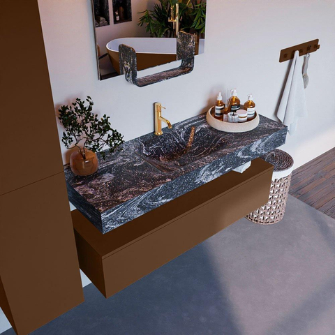 Mondiaz ALAN-DLUX Ensemble de meuble - 130cm - meuble Rust mat - 1 tiroir - Lavabo Cloud Lava suspendu - vasque Centre - 1 trou de robinet SW808523
