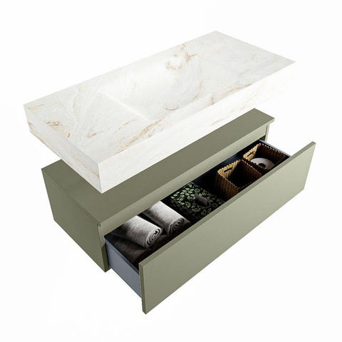 Mondiaz ALAN-DLUX Ensemble de meuble - 100cm - meuble Army mat - 1 tiroir - Lavabo Cloud Frappe suspendu - vasque Centre - 0 trous de robinet SW805466