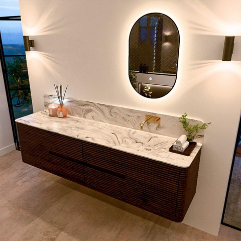 Mondiaz CIRO-DLUX Meuble de salle de bains - 190x45x50cm - plan-vasque en Solid surface Glace - 1 lavabo à droite - sans trous de robinetterie - 4 tiroirs - Noyer SW1530129