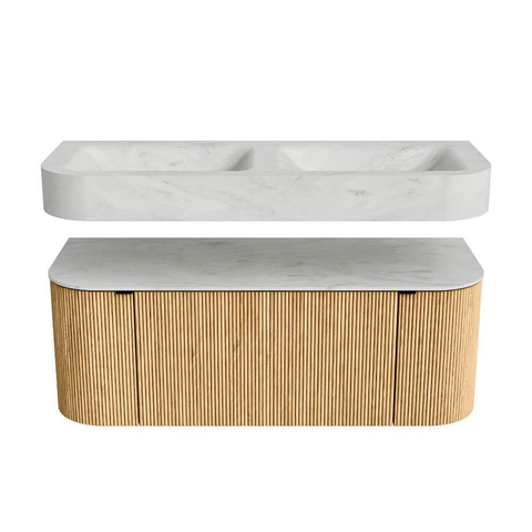 MONDIAZ THOR-DLUX 120cm meuble de salle de bains arrondi gauche + droite couleur Oak avec 1 tiroir et 2 portes. Vasque suspendue CLOUD Double sans trou de robinet couleur Opalo. SW1463068