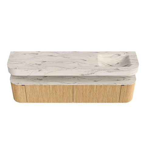 MONDIAZ THOR-DLUX 200cm meuble de salle de bains arrondi gauche + droite couleur Oak avec 2 tiroirs et 2 portes. Vasque suspendue CLOUD Droite 1 trou de robinet couleur Nata. SW1467140
