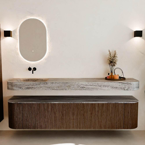 MONDIAZ THOR-DLUX 200cm meuble de salle de bains arrondi gauche + droite couleur Walnut avec 2 tiroirs et 2 portes. Vasque suspendue CLOUD Gauche sans trou de robinet couleur Oza. SW1467185
