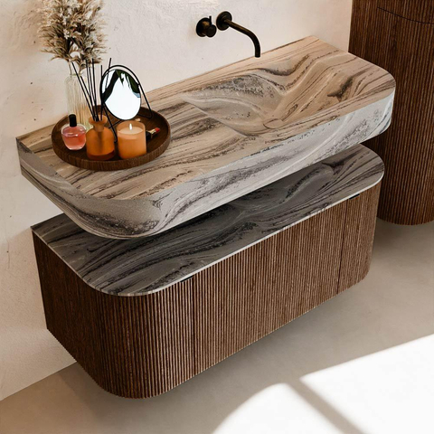 MONDIAZ THOR-DLUX 110cm meuble de salle de bains arrondi gauche + droite couleur Walnut avec 1 tiroir et 2 portes. Vasque suspendue CLOUD Droite sans trou de robinet couleur Sombra. SW1463011