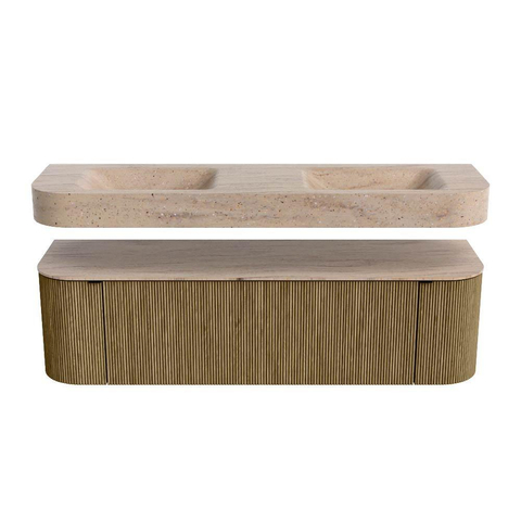 MONDIAZ THOR-DLUX 160cm meuble de salle de bains arrondi gauche + droite couleur Dusk avec 1 tiroir et 2 portes. Vasque suspendue CLOUD Double 2 trous de robinet couleur Saba. SW1465354