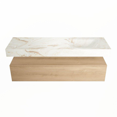 Mondiaz ALAN-DLUX Ensemble de meuble - 150cm - meuble Washed Oak mat - 1 tiroir - Lavabo Cloud Frappe suspendu - vasque Droite - 1 trou de robinet SW808708