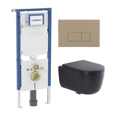 QeramiQ Dely Swirl Toiletset - 36.3x51.7cm - Geberit UP720 Duofix Sigma inbouwreservoir - slim zitting - bedieningsplaat taupe - rechthoekige knoppen - mat zwart SW1413201