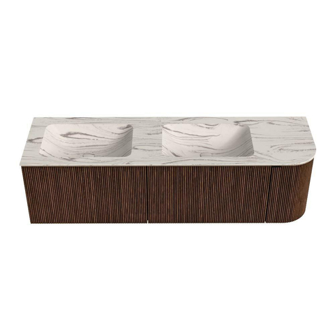 MONDIAZ KURVE-DLUX meuble de salle de bains 155cm arrondi Droite couleur Walnut avec 2 tiroirs et 1 porte. Lavabo LEAF Double / Gauche 2 trous de robinet Nata. SW1432232
