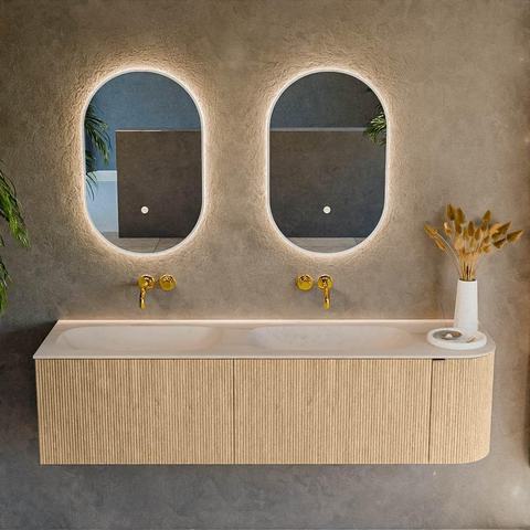 MONDIAZ KURVE-DLUX meuble de salle de bains 165cm arrondi à droite couleur Oak avec 2 tiroirs et 1 porte. Lavabo STOR SMALL double / gauche sans trou de robinet Meli. SW1431642