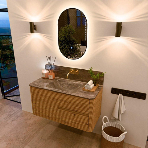 Mondiaz CIRO-DLUX Meuble de salle de bains - 100x45x50cm - Plan-vasque Solid surface Oza - 1 vasque au milieu - sans trous de robinet - 2 tiroirs - Chêne SW1531099
