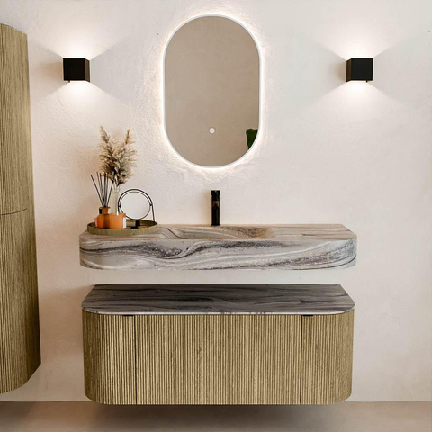 MONDIAZ THOR-DLUX 120cm meuble de salle de bains arrondi gauche + droite couleur Dusk avec 1 tiroir et 2 portes. Vasque suspendue CLOUD Milieu 1 trou de robinet couleur Sombra. SW1463679