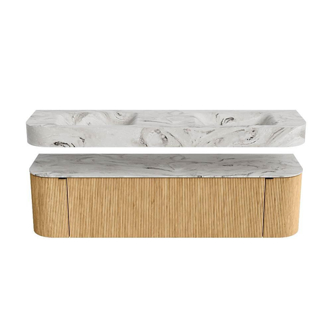 MONDIAZ THOR-DLUX 170cm meuble de salle de bains arrondi gauche + droite couleur Chêne avec 1 tiroir et 2 portes. Vasque suspendue CLOUD Double 2 trous de robinet couleur Glace. SW1465416
