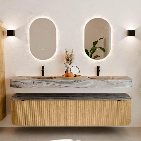 MONDIAZ THOR-DLUX Meuble de salle de bains 190cm arrondi gauche + droite couleur Oak avec 2 tiroirs et 2 portes. Vasque suspendue CLOUD Double 2 trous de robinet couleur Sombra. SW1466696