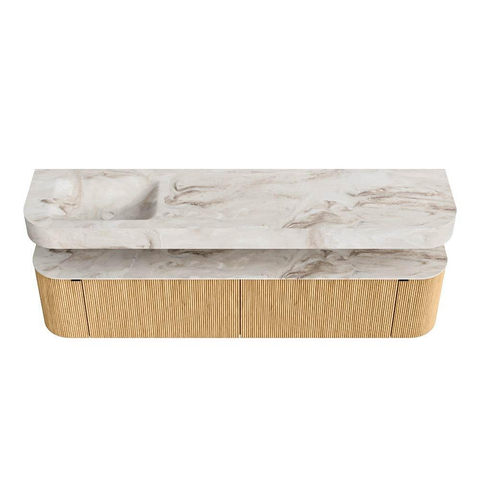 MONDIAZ THOR-DLUX 200cm meuble de salle de bains arrondi gauche + droite couleur Oak avec 2 tiroirs et 2 portes. Vasque suspendue CLOUD Gauche sans trou de robinet couleur Frappe. SW1466938