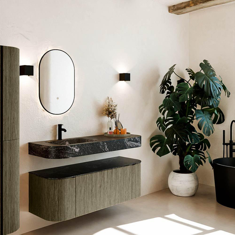 MONDIAZ THOR-DLUX Meuble de salle de bains 130cm arrondi gauche + droite couleur Shadow avec 1 tiroir et 2 portes. Vasque suspendue CLOUD Gauche 1 trou de robinet couleur Lava. SW1463730