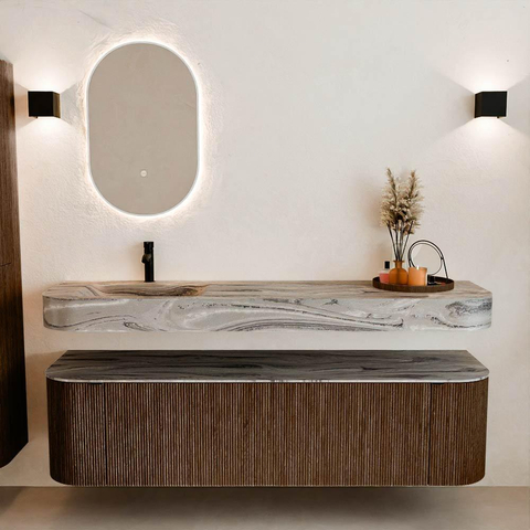 MONDIAZ THOR-DLUX 170cm badmeubel ronding links + rechts kleur Walnut met 1 lade en 2 deuren. Vrijhangende wastafel CLOUD Links 1 kraangat kleur Sombra. SW1465836