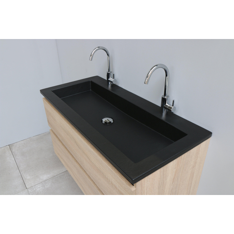 Basic Bella Meuble salle de bains avec lavabo acrylique Noir avec miroir 100x55x46cm 2 trous de robinet Chêne SW491892