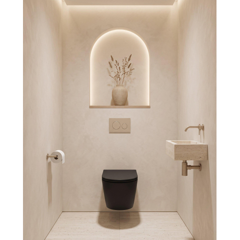 QeramiQ Dely Toiletset - 36.3x51.7cm - Geberit UP720 inbouwreservoir - rimless - diepspoel - 35mm zitting - softclose - bedieningsplaat taupe - ronde knoppen - mat zwart SW1427988