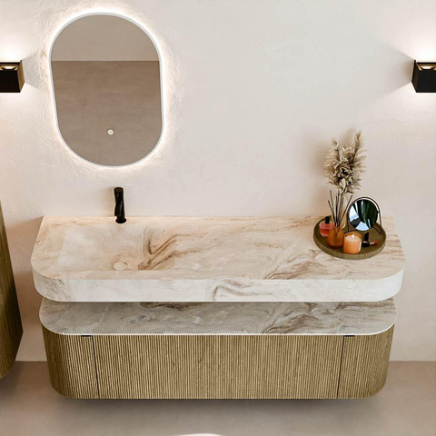 MONDIAZ THOR-DLUX Meuble de salle de bains 160cm arrondi gauche + droite couleur Dusk avec 1 tiroir et 2 portes. Vasque suspendue CLOUD Gauche 1 trou de robinet couleur Frappe. SW1465031