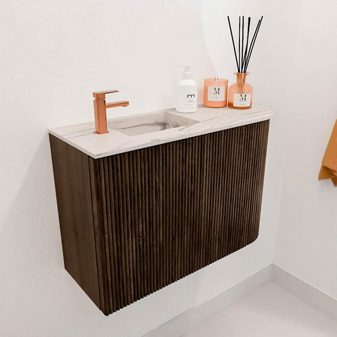 Mondiaz JOYA-DLUX Meuble de salle de bains - 61,6cm - arrondi droit couleur Walnut - Vasque FAYE position Gauche 1 trou de robinet couleur Nata. SW1424507