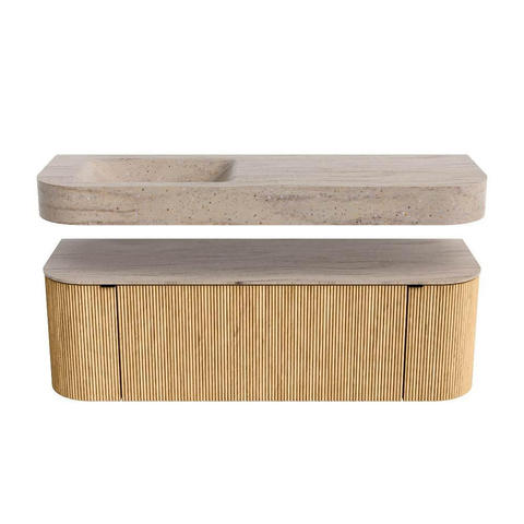 MONDIAZ THOR-DLUX Meuble de salle de bains 140cm arrondi gauche + droite couleur Oak avec 1 tiroir et 2 portes. Vasque suspendue CLOUD Gauche 1 trou de robinet couleur Saba. SW1464290