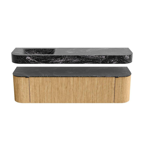 MONDIAZ THOR-DLUX 170cm badmeubel ronding links + rechts kleur Oak met 1 lade en 2 deuren. Vrijhangende wastafel CLOUD Links 1 kraangat kleur Lava. SW1465456
