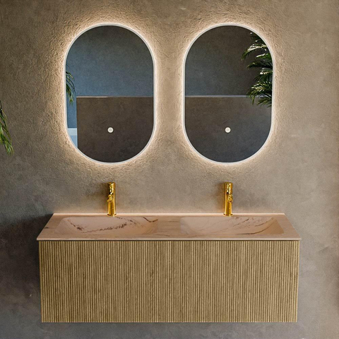 MONDIAZ KURVE-DLUX Meuble de salle de bains 120 cm couleur Dusk avec 1 tiroir et 0 porte. Lavabo LEAF Double 2 trous de robinet Arena. SW1431401