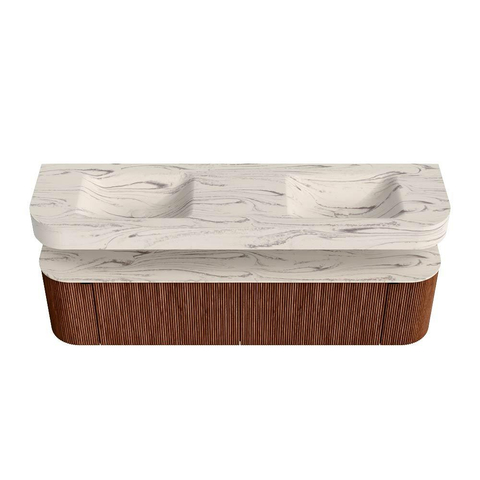 MONDIAZ THOR-DLUX 180cm meuble de salle de bains arrondi gauche + droite couleur Ruby avec 2 tiroirs et 2 portes. Vasque suspendue CLOUD Double sans trou de robinet couleur Nata. SW1466216