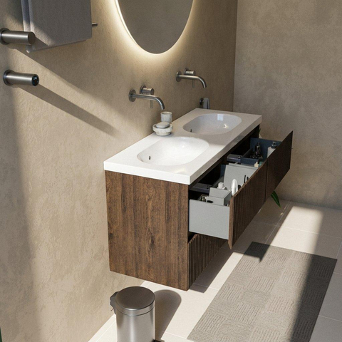 Saniclass Holz Atelier Ensemble de meubles de salle de bains - 120x45x63.5cm - lavabo en céramique Palermo blanc - 2 vasques - sans trous de robinetterie - 2 tiroirs - chêne charcoal mat (bois) SW1478633