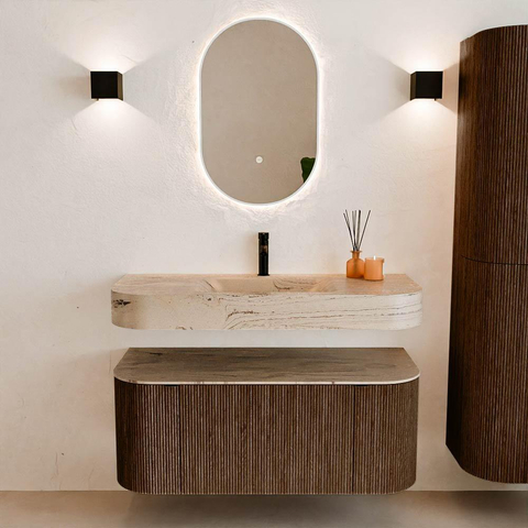 MONDIAZ THOR-DLUX 110cm badmeubel ronding links + rechts kleur Walnut met 1 lade en 2 deuren. Vrijhangende wastafel CLOUD Midden 1 kraangat kleur Arena. SW1462717