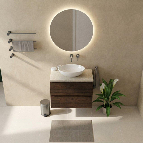 Saniclass Holz Pure Badkamermeubelset - 80x45x63cm - Travertine natuurstenen topblad - zonder kraangat - 2 lades - mat eiken charcoal (hout) SW1478841