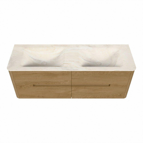Mondiaz CIRO-DLUX Ensemble de meuble de salle de bains - 140x45x50cm - Plan-vasque solid surface Ostra - 2 vasques double - sans trous de robinet - 4 tiroirs - Chêne SW1530937