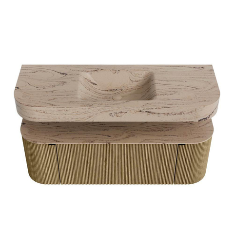 MONDIAZ THOR-DLUX 130cm meuble de salle de bains arrondi gauche + droite couleur Dusk avec 1 tiroir et 2 portes. Vasque suspendue CLOUD Milieu sans trou de robinet couleur Arena. SW1463785