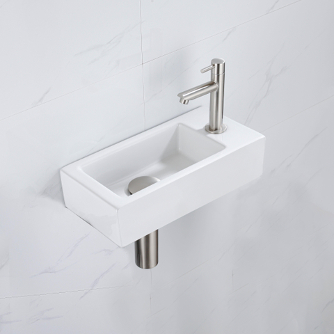 QeramiQ Fuente fonteinset – 37.5x18.5x9 cm – keramiek wit mat – kraangat rechts – kraan geborsteld RVS SW1232746