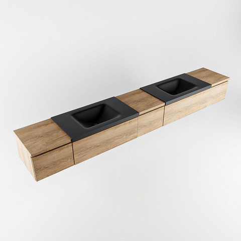 MONDIAZ BUKLA 280cm ensemble de meuble avec module 40 couleur Chêne blanchi avec 5 tiroirs. Lavabo CLOUD double 2 trous de robinet couleur Urbaine. SW1382318