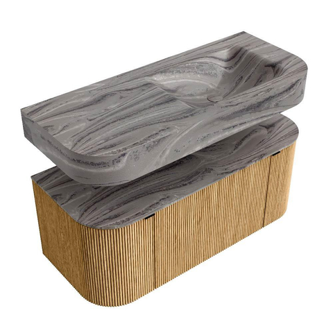 MONDIAZ THOR-DLUX 110cm meuble de salle de bains arrondi gauche + droite couleur Chêne avec 1 tiroir et 2 portes. Vasque suspendue CLOUD droite sans trou de robinet couleur Sombra. SW1463069