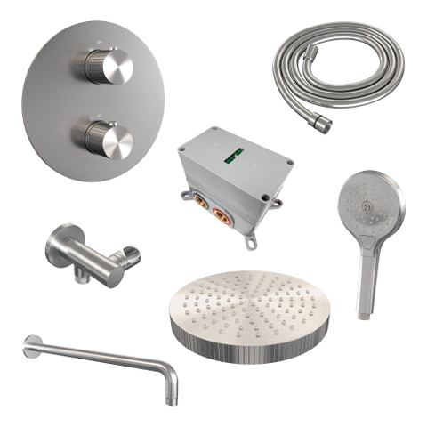 BRAUER Stripe Thermostatische Inbouw Regendouche - 3-weg - rond - 25cm douchekop - gebogen muurarm - 3-standen handdouche - doucheslang - wandaansluitbocht - RVS-kleurig geborsteld PVD SW1435241