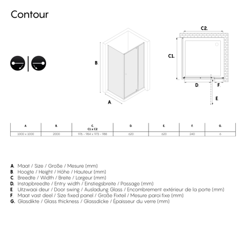 Sealskin Contour draaideur met zijwand 100x100 cm, 200 cm hoog, zwart, 6 mm helder veiligheidsglas SW296198