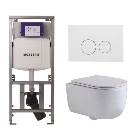 QeramiQ Dely Swirl Pack WC - 36,3x51,7cm - à fond creux - sans bride - réservoir encastré Geberit UP320 - abattant mince - plaque de déclenchement en métal blanc mat - boutons ronds - blanc mat SW1413315
