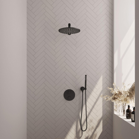 BRAUER Black Edition douche de pluie encastrée thermostatique - 3 voies - rond - set 74 - pomme de douche 30cm - bras mural droit - douchette barre - flexible de douche - coude mural - noir mat SW1159185