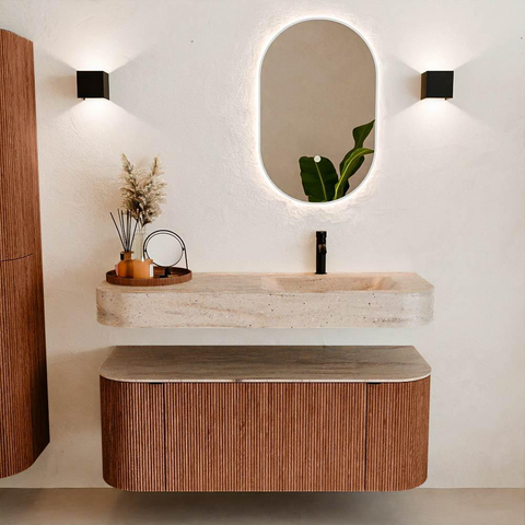 MONDIAZ THOR-DLUX 120cm badmeubel ronding links + rechts kleur Ruby met 1 lade en 2 deuren. Vrijhangende wastafel CLOUD Rechts 1 kraangat kleur Saba. SW1463472