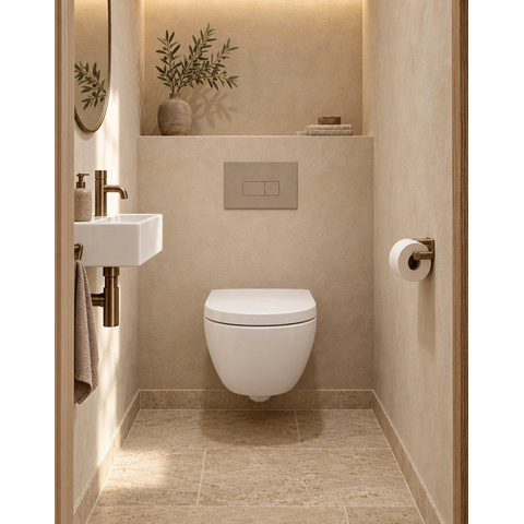 QeramiQ Dely Swirl Compact Toiletset - inbouwreservoir QeramiQ flush - 25mm zitting - kunststof bedieningsplaat taupe - rechthoekige knoppen - glans wit SW1590640