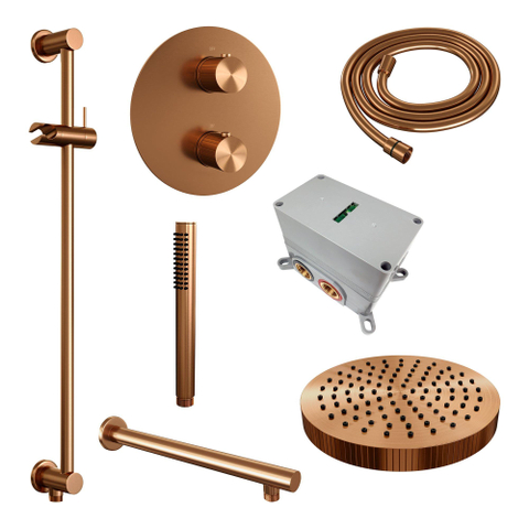 BRAUER Stripe Thermostatische Inbouw Regendouche - 3-weg - rond - SET 43 - 25cm douchekop - rechte muurarm - staaf handdouche - doucheslang - geïntegreerde glijstang - koper geborsteld PVD SW1434944
